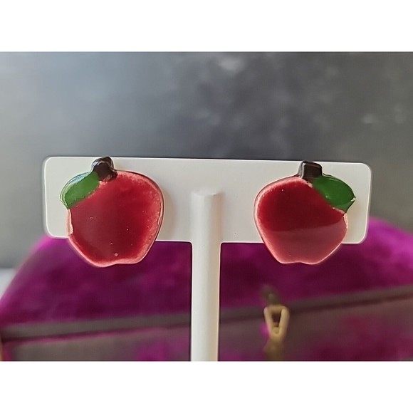 Vintage Ceramic Apple Stud Earrings - Picture 3 of 10